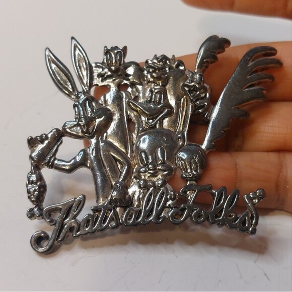 Warner Brothers WB 1994 Looney Tunes That's All Folks Silver Tone Brooch Pin - Picture 1 of 9